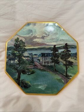 Scenic Octagonal Trivet/Decor Plate in Green and Gold